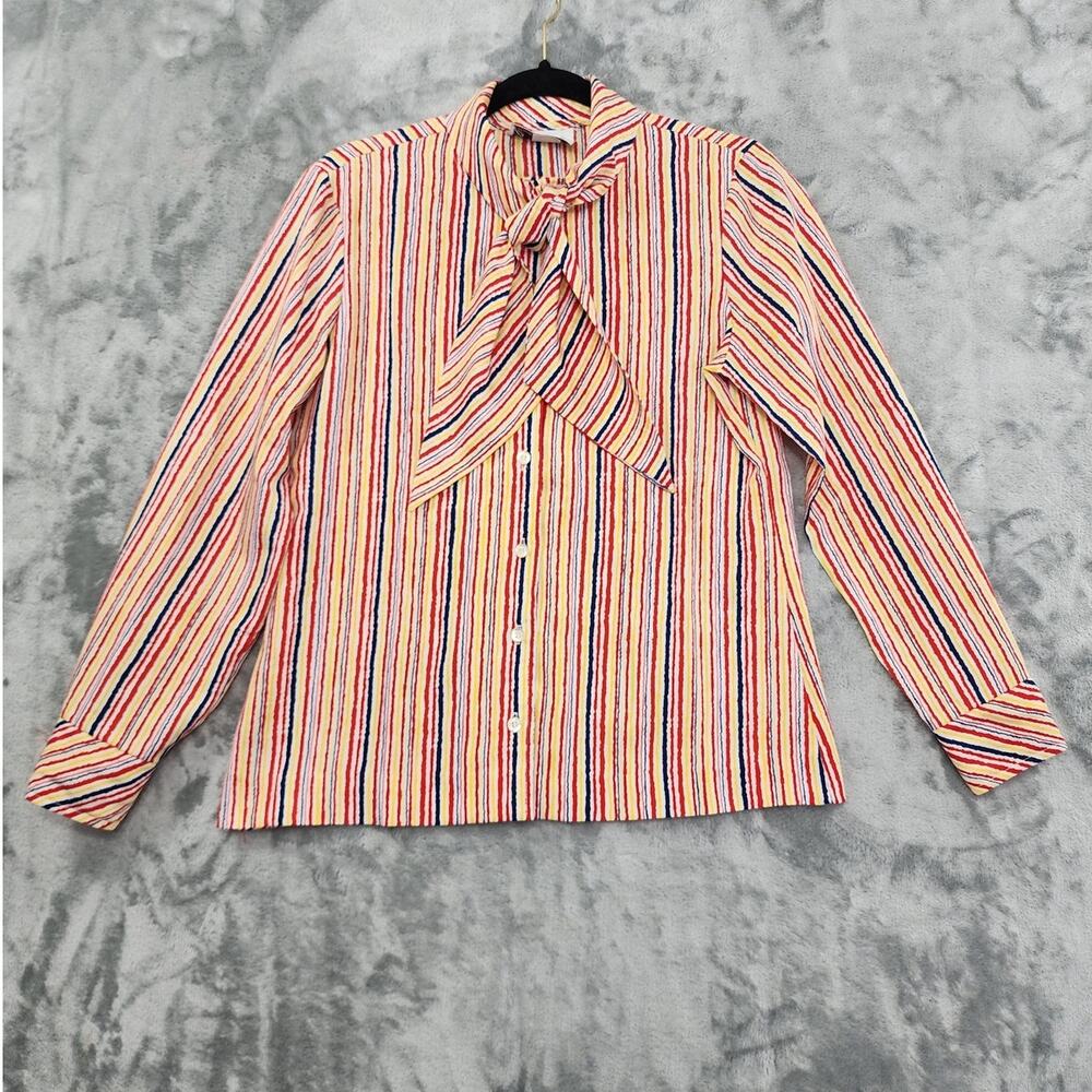 Vintage Country Suburbans Top Womens M Red‎ Yellow Blue Striped Tie Neck Preppy